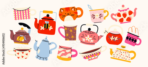 Set of cups and teapots for tea and coffee. Cartoon doodle kitchen mugs with patterns and drawings in retro style. Tea ceremony, porcelain tableware vector stickers