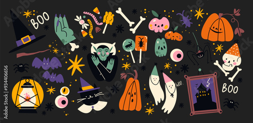 Cartoon halloween stickers magic and witchcraft. 90s wild magic design. Vintage labels: skull, cards, witch hat, grave, eye, potion. Scary patches set 