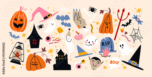Halloween stickers and scary magic in cartoon style 90s. Vintage witchcraft shapes: skull, pumpkin, witch, ghosts, eye, potion. Spooky scary groovy patches set.