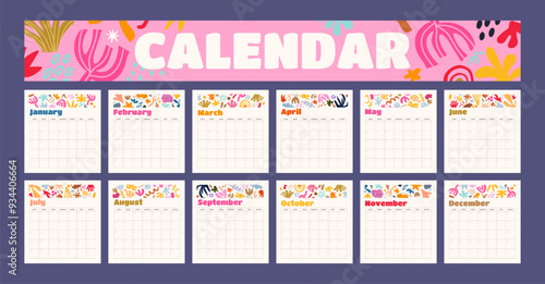 Calendar template. Vertical design with abstract elements of winter, spring, summer, autumn in cartoon retro style of 90s. Doodle bright wall monthly calendar