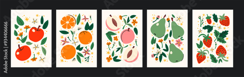 Set fruit and berry posters in cartoon abstract minimalist style. Trendy doodle banners for wall decor, postcards, business cards.