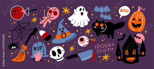 Halloween stickers and scary magic in cartoon style 90s. Vintage witchcraft shapes: skull, pumpkin, witch, ghosts, eye, potion. Spooky scary groovy patches set.