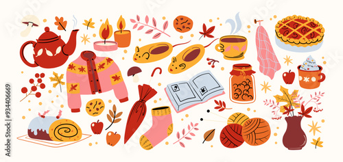 Cozy hygge autumn stickers in cartoon style. Fallen leaves, hot chocolate, cocoa, sweater, harvest time. Set of doodle groovy vector shapes hand drawn