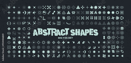 Retro Y2K futuristic elements for design. Big collection of abstract graphic geometric symbols and objects. Templates for notes, posters, banners, stickers, business cards, logo