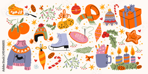 Christmas new year stickers in cartoon style. Holiday gifts, santa, christmas tree, coziness. Holiday seasonal vector illustrations in retro groovy style