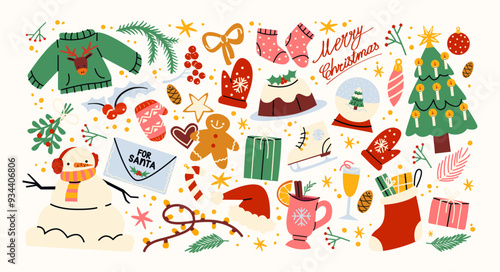 Christmas new year stickers in cartoon style. Holiday gifts, santa, christmas tree, coziness. Holiday seasonal vector illustrations in retro groovy style