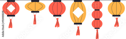 Chinese lanterns, paper lamps decorations hanging on string. China New Year festival lights. Lunar holiday traditional Asian decor with tassels. Flat vector illustration isolated on whit ebackground. photo