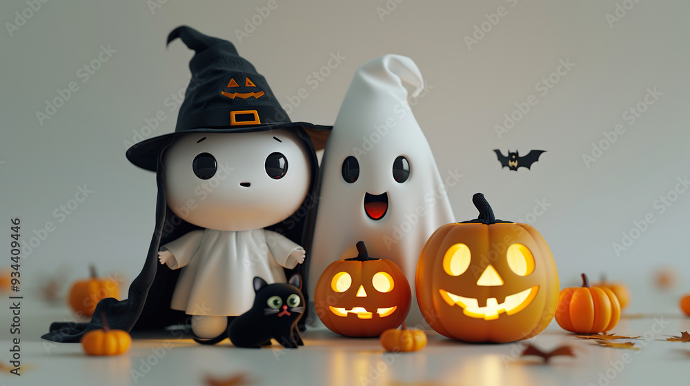 Halloween character with pumpkin and ghosts white background.. halloween card, banner, background Halloween character with pumpkin and ghosts white background.. halloween card, banner, background