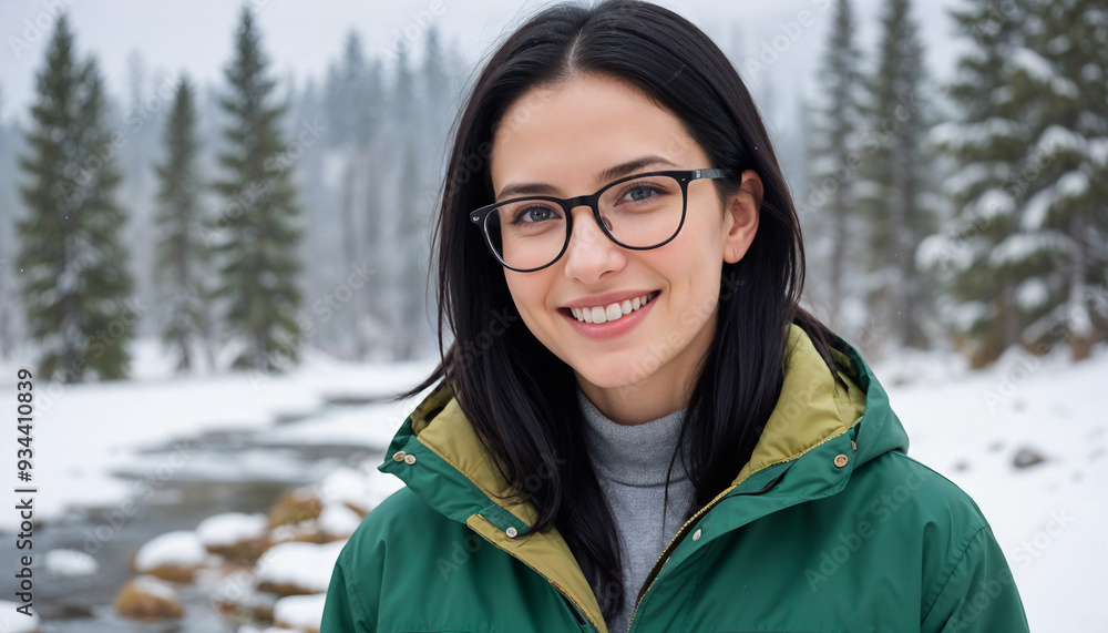 A young woman with long dark hair wearing glasses , a green jacket, smiling in front of a snowy mountain landscape A young woman with long dark hair wearing glasses , a green jacket, smiling in front of a snowy mountain landscape