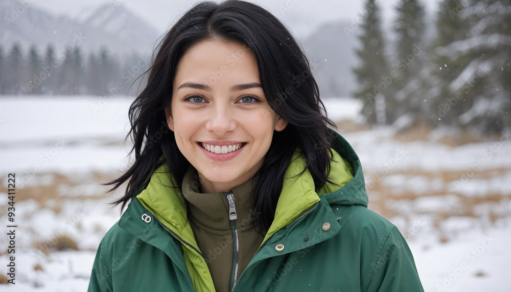 A young woman with long dark hair wearing a green jacket, smiling in front of a snowy mountain landscape