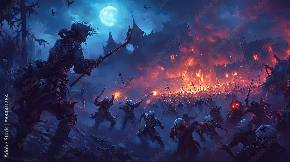 Obraz premium A lone warrior fights an undead army under a full moon