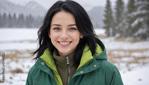 Obraz na płótnie A young woman with long dark hair wearing a green jacket, smiling in front of a snowy mountain landscape w salonie