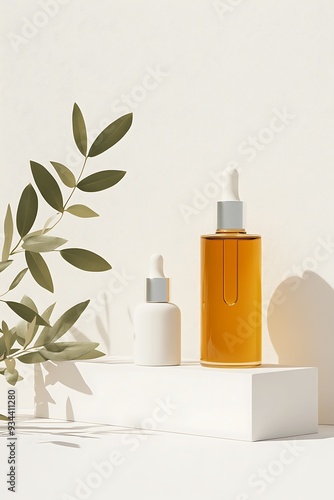 Minimalist Cosmetic Bottle Mockup with Eucalyptus Leaf and White Platform