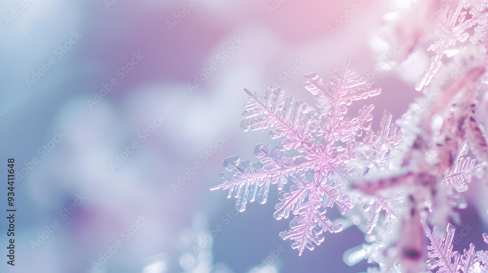 Naklejka premium A soft blurred macro shot of a crystallized snowflake in pastel tones AI generated illustration