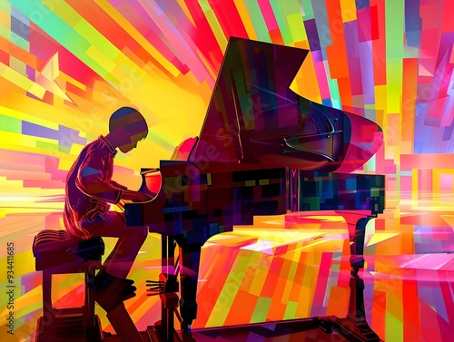 Captivating Child Prodigy Masterfully Performing Modern Piano Concerto with Vibrant Futuristic Aesthetic