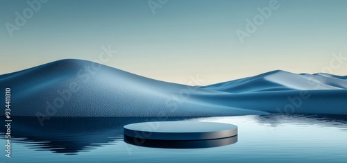 The dreamy dream land background with podium stage platform in the winter season is an abstract landscape with geometric arch. It offers water and a natural cloudy sky in a fantasy island scene. 3D