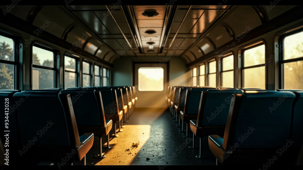 Obraz premium The early morning sunlight fills an empty train carriage, casting long shadows and highlighting dust particles in the air. Rows of seats remain unoccupied