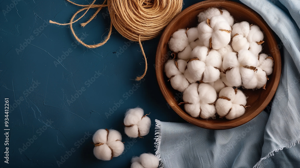 Wooden bowl of white cotton balls, thin fabric and coil of rope on a blue background with copy space Wooden bowl of white cotton balls, thin fabric and coil of rope on a blue background with copy space