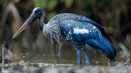 Amazon Jabiru stork standing in shallow water, its long legs and distinctive beak visible photo