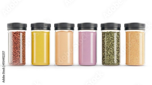 Fototapeta Naklejka Na Ścianę i Meble -  Glass Spice Jars with Black Lids and Assorted Spices