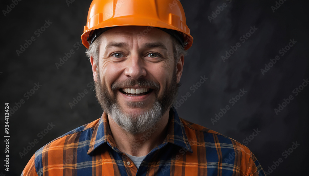 A construction worker man with a beard wearing an orange hard hat and a plaid shirt , looking happy against a dark background A construction worker man with a beard wearing an orange hard hat and a plaid shirt , looking happy against a dark background