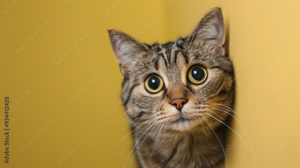 Portrait of a cat with a very curious expression and big round eyes against a green-yellow backdrop Portrait of a cat with a very curious expression and big round eyes against a green-yellow backdrop