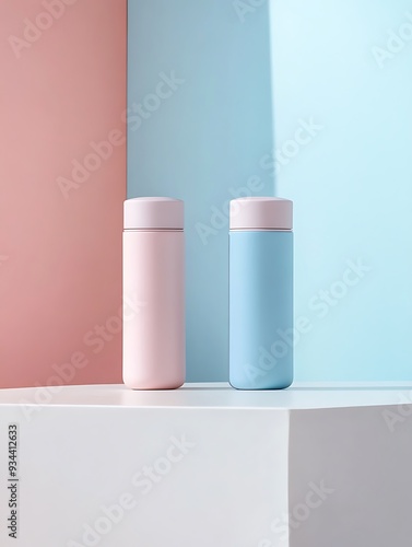 two flask bottles standing on pastel pantone colored background