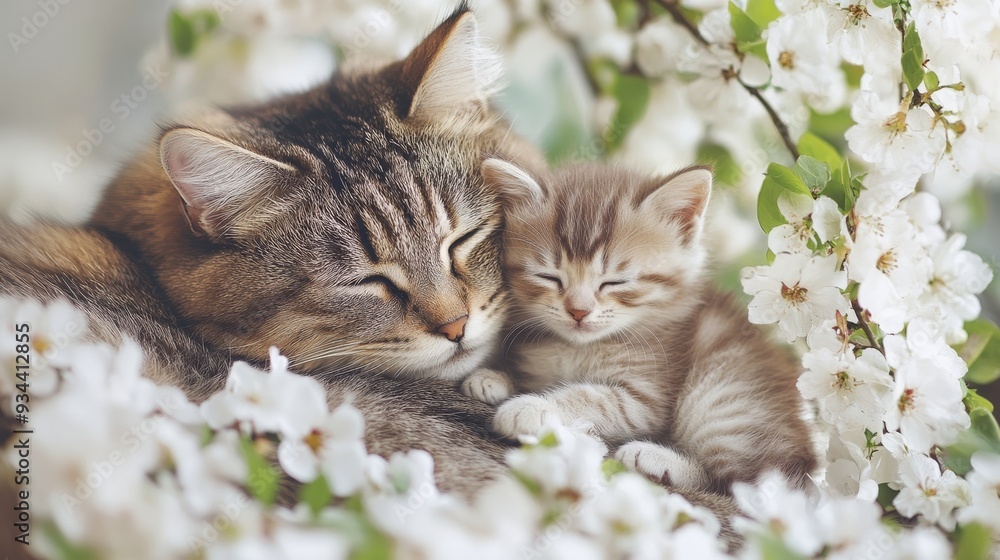 Fototapeta premium A mother cat and her kitten cuddling amidst blooming white cherry blossoms in springtime