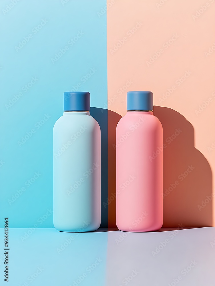two flask bottles standing on pastel pantone colored background two flask bottles standing on pastel pantone colored background