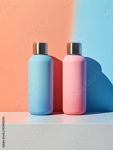two flask bottles standing on pastel pantone colored background