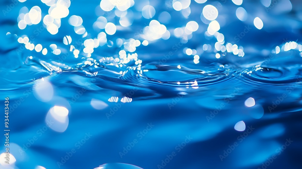 Close-up of clear blue water with ripples and bokeh. Close-up of clear blue water with ripples and bokeh.
