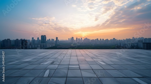 A solitary square floor void of crowd with a vibrant cityscape in the far distance  AI generated illustration