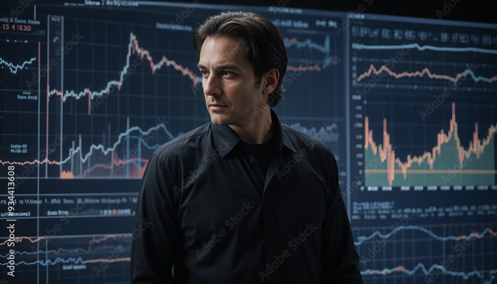 A man with short dark hair wearing a black shirt , standing in front of a digital display showing stock market charts. A man with short dark hair wearing a black shirt , standing in front of a digital display showing stock market charts.