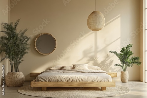 Interior design bedroom with beige cozy tone style, wooden bed, lamp, pillows, table, and brown tone background, empty walls for banner and mock up, with generative AI.