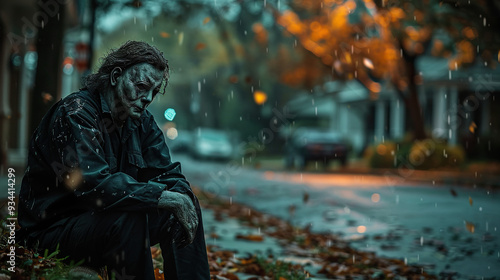 Handsome young man with sugar skull makeup poses in an abandoned castle at Halloween