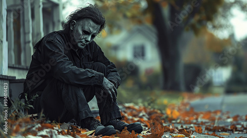 Handsome young man with sugar skull makeup poses in an abandoned castle at Halloween