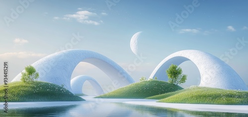 The environment consists of a grassland mountain landscape background with a shaggy surface, abstract fantastic dune, panoramic, futuristic. Copy space and blue sky with cloudy skies. photo