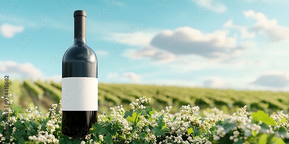 Wine Bottle in Vineyard with White Blossoms Wine Bottle in Vineyard with White Blossoms