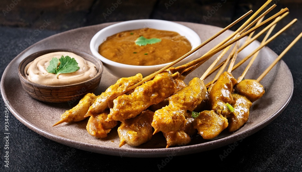 Malaysian chicken satay with a side of peanut sauce; a delicious plate of barbecue chicken on a dressed plate; food photography; selective focus; blurred background; Malaysian food Malaysian chicken satay with a side of peanut sauce; a delicious plate of barbecue chicken on a dressed plate; food photography; selective focus; blurred background; Malaysian food