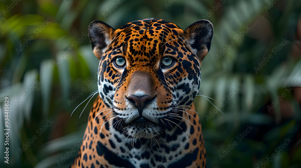 Obraz premium Amazon Jaguar's face, showcasing its piercing eyes and intricate fur patterns with blurred jungle foliage in the background