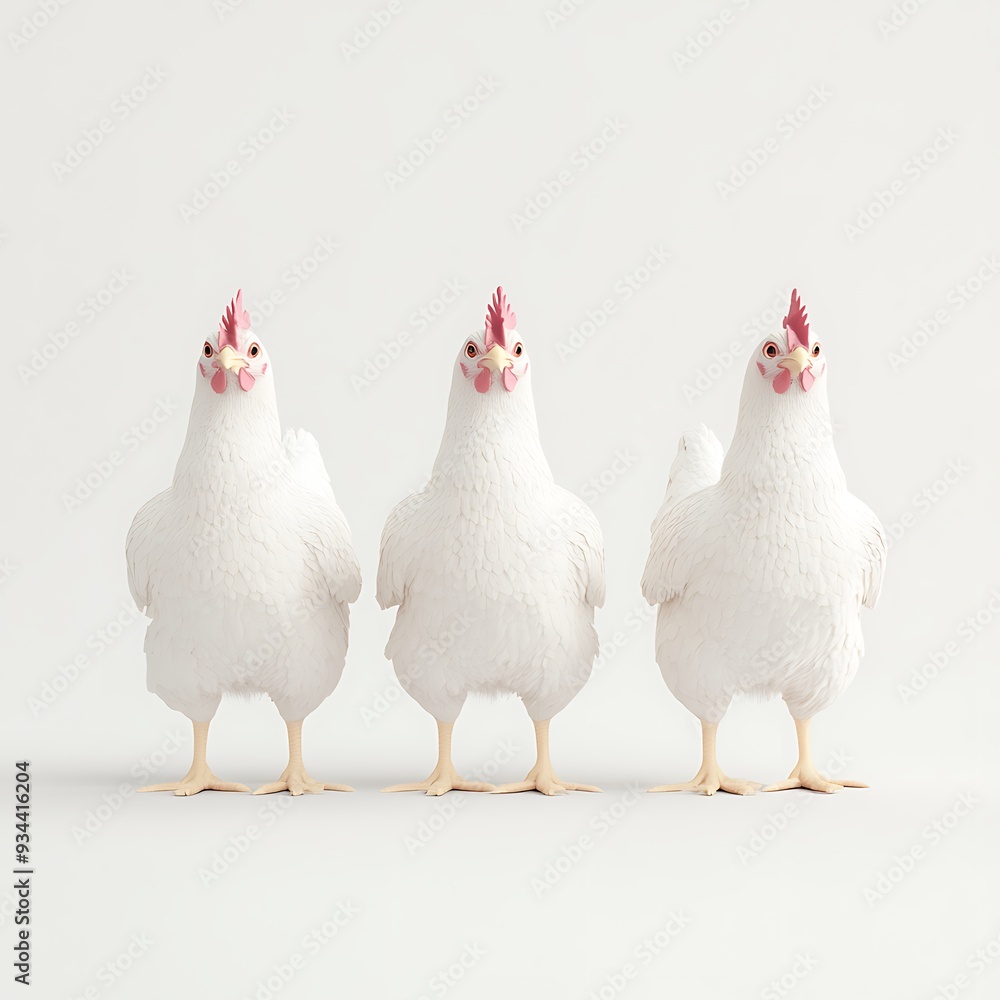 Fototapeta premium Three White Chickens Standing in a Row on a White Background