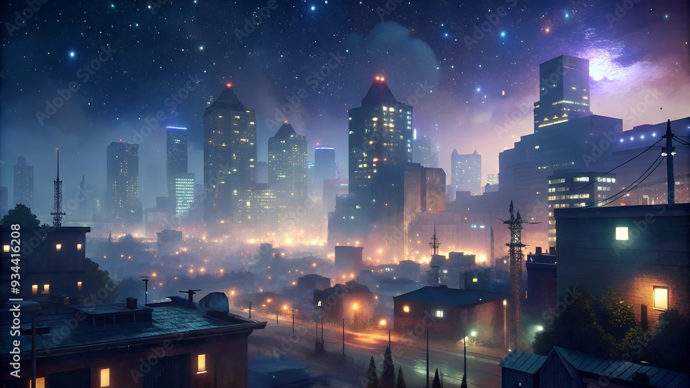 Fototapeta premium Ethereal Hazy Urban Nightscape with Twinkling Lights and Starry Sky
