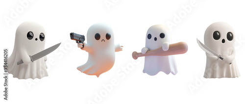 Halloween Character in Animation Cartoon Style 3D Illustration: Killer Ghost Holding a Weapon Set Collection, Isolated on Transparent Background, PNG