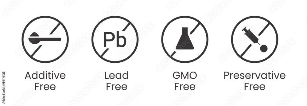 Clean Label Vector Icons - Additive-Free, GMO-Free, Preservative-Free, Lead-Free Logos - Black and White Minimalist Design for Packaging and Labeling Clean Label Vector Icons - Additive-Free, GMO-Free, Preservative-Free, Lead-Free Logos - Black and White Minimalist Design for Packaging and Labeling