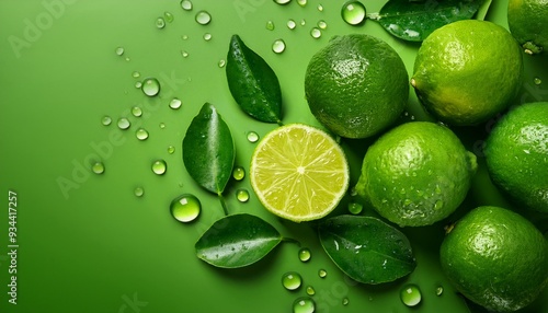 Close up on cut and uncut limes with water drops against a green background; food and vegetables; refreshing limes in focus with water drops to show freshness; in focus; food photography; studio light