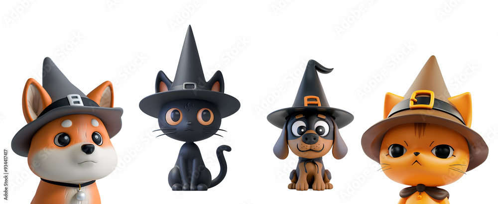 Pets Ready for Halloween: Cartoon Animation Style 3D Illustration Set Collection of Dog and Cat Characters with Witch Hats, Isolated on Transparent Background, PNG Pets Ready for Halloween: Cartoon Animation Style 3D Illustration Set Collection of Dog and Cat Characters with Witch Hats, Isolated on Transparent Background, PNG