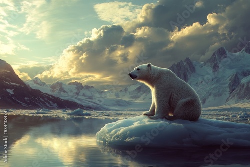 Generative stock save the world from pollution and climate change with a polar bear sitting on melting ice floe glacier in the arctic sea. photo