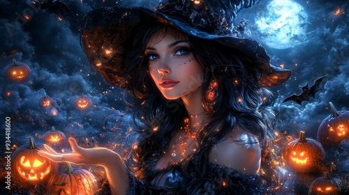 Beautiful witch with glowing pumpkin on Halloween night