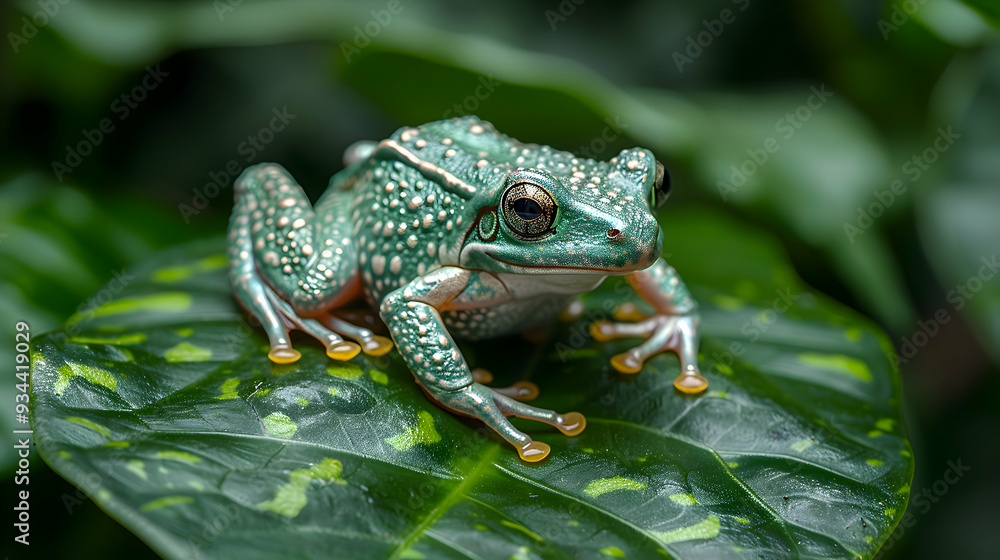 Obraz premium Amazon Leaf Frog sitting on a bright green leaf, its vibrant green color standing out