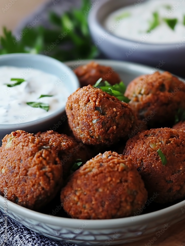 close-up of falafel and garlic yoghurt sauce
close-up of falafel and garlic yoghurt sauce